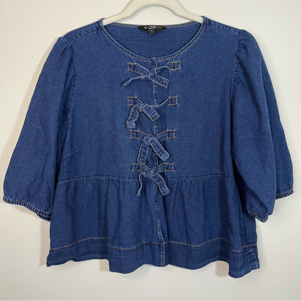Velvet Heart Women's Blue Cotton Denim Babydoll Top with Bows Size Large